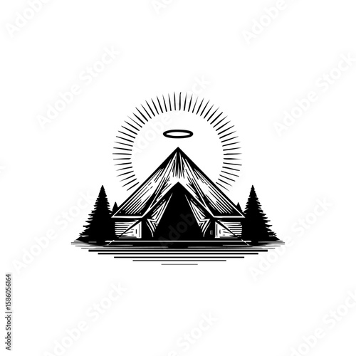Minimalist black vector logo of a glamping tent with a radiant halo, symbolizing peaceful eco-friendly outdoor retreats.
