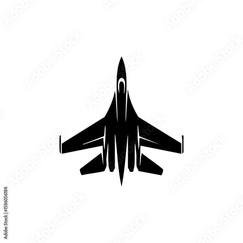 Minimalist black vector logo of a fighter jet viewed from above, symbolizing aerial dominance, precision, and military design.
