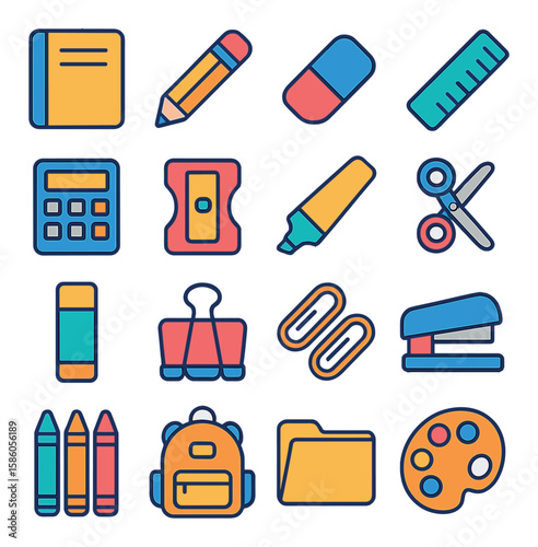 Backpack & School Supplies modern flat style . Notebook, Pencil, Eraser, Ruler, Calculator, Sharpener, Highlighter, Scissors, Glue stick, Binder, Paper clips, Stapler