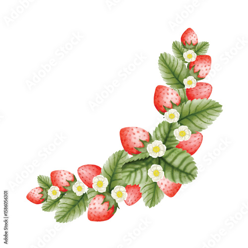 Watercolor Strawberry Floral Corner Border with Leaves and Blossoms Vector Illustration