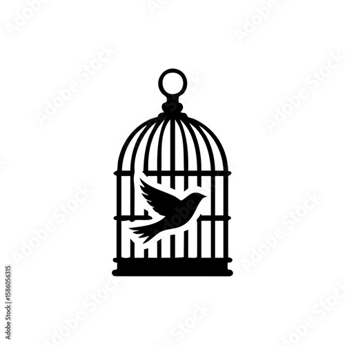 Minimalist black vector logo of an open birdcage with a bird mid-flight, symbolizing liberation, hope, and emotional freedom.
