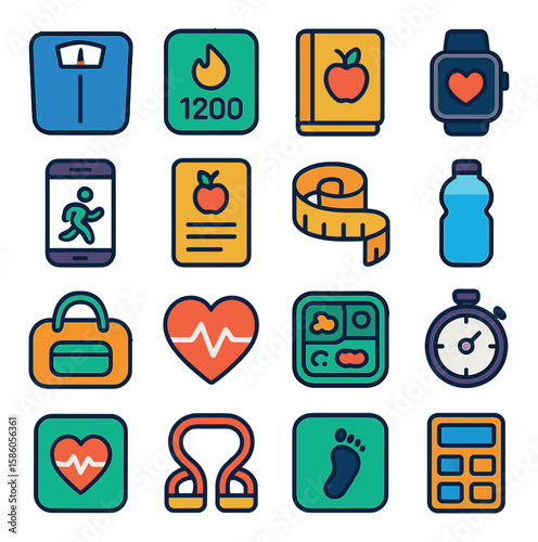 Weight Loss Tools modern flat style. weighing scale, calorie counter, food diary, smart watch, fitness app, nutrition label, measuring tape, water bottle, gym bag, heart