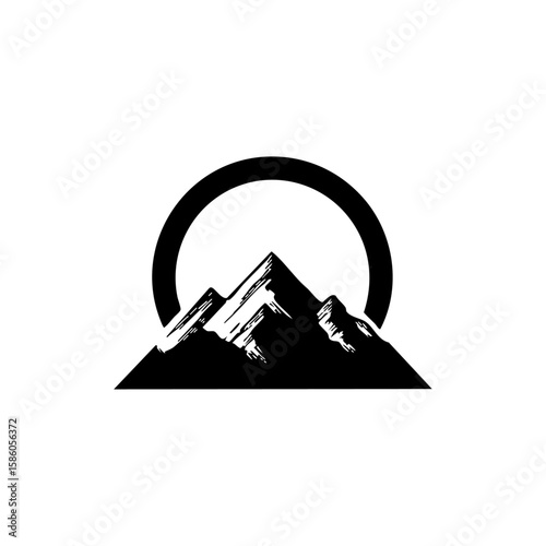 Minimalist black vector of mountain peaks under a rising sun circle, symbolizing strength, adventure, and new beginnings.

