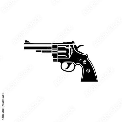 Minimalist black vector illustration of a revolver handgun, representing firearms, self-defense, and vintage weaponry.
