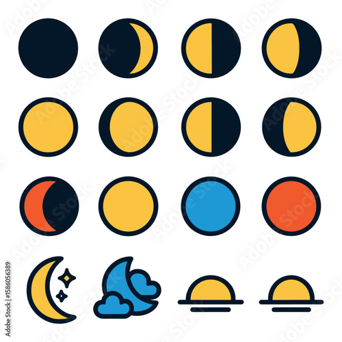 Moon Phases Cycle modern flat style. new moon, waxing crescent, first quarter, waxing gibbous, full moon, waning gibbous, last quarter, waning crescent, lunar eclipse