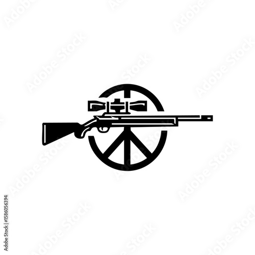 Minimalist vector logo of a rifle with a scope laid over a broken peace symbol, representing the tension between war and peace.
