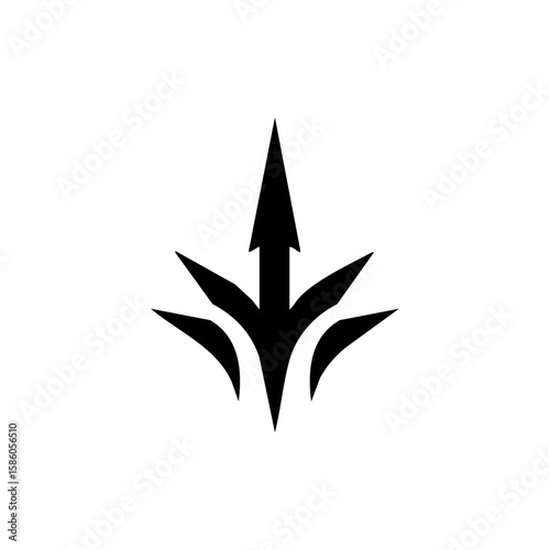 Abstract black vector symbol of an upward thrust with three sharp branches, evoking energy, breakthrough, and forward motion.
