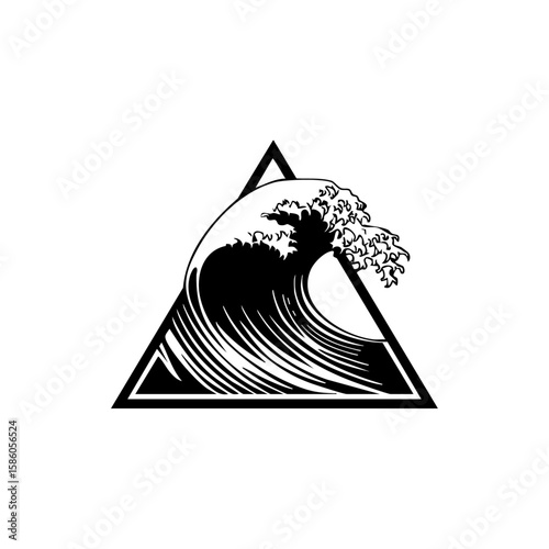 Minimalist vector logo of a tsunami wave curling dramatically inside a triangle, symbolizing nature’s force and oceanic power.

