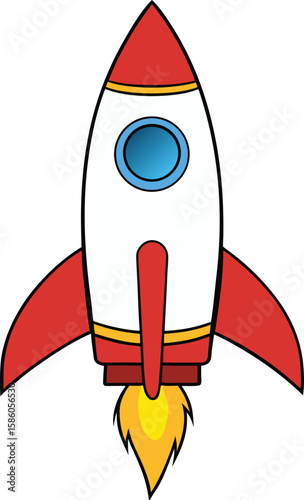 Cartoon rocket ship with red fins and a round blue window blasting off with orange flames isolated on white background