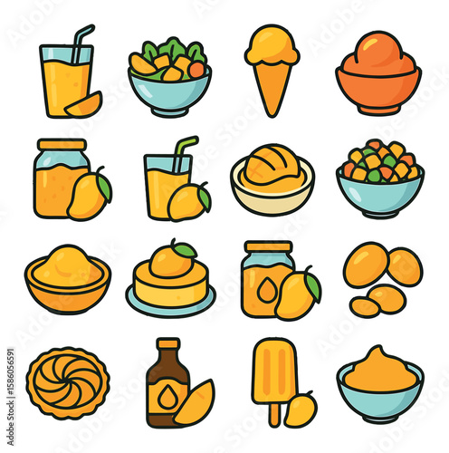 Mango Culinary Uses modern flat style. mango smoothie, mango salad, mango ice cream, mango sorbet, mango chutney, mango juice, mango dessert, mango salsa, mango puree
