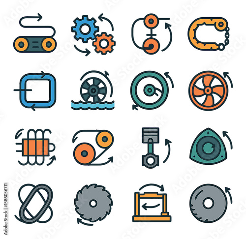 Mechanical and Industrial Loops modern flat style. conveyor belt loop, gear rotation, pulley loop, chain drive, looped pipe, water wheel, flywheel, turbine loop, motor