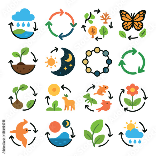 Nature and Life Cycles modern flat style. water cycle, life cycle diagram, seasons loop, butterfly metamorphosis, plant growth loop, day-night cycle, moon phases