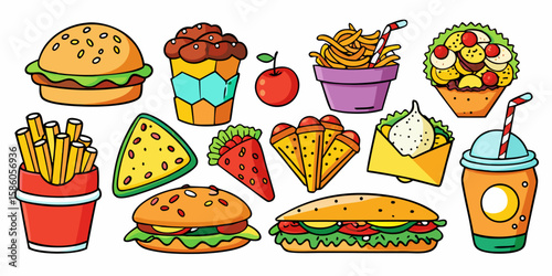 
A vibrant vector illustration set of classic fast food icons, including burgers, pizza, and sandwiches, perfect for restaurant menus