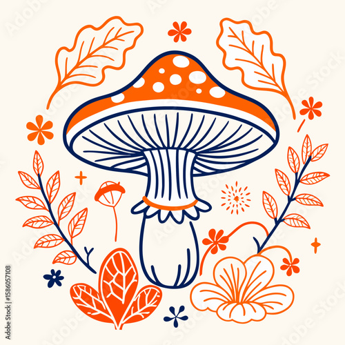 Colorful mushroom illustration surrounded by floral elements for harvest  