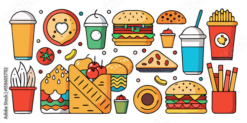 A vibrant vector set of diverse fast food icons, including pizza, burgers, sandwiches, and sweet desserts, perfect for illustrating any meal