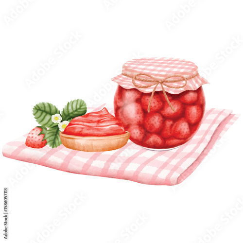 Watercolor Strawberry Jam and Tart on Gingham Cloth vector illustration