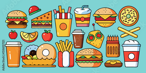A comprehensive vector set illustrating school icons alongside various food items like pizza, hamburgers, and coffee