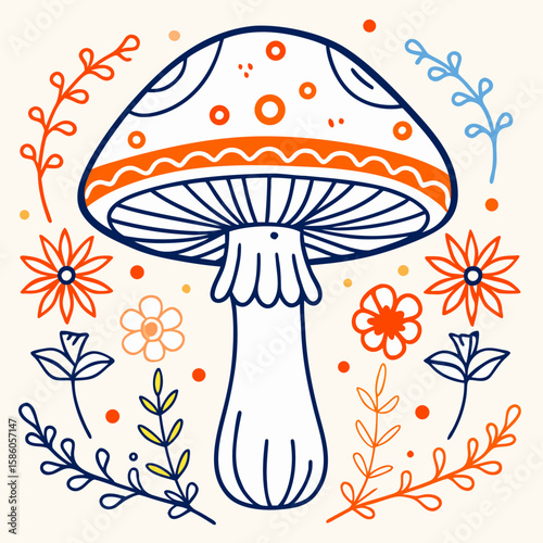 Colorful mushroom illustration surrounded by flowers and leaves  