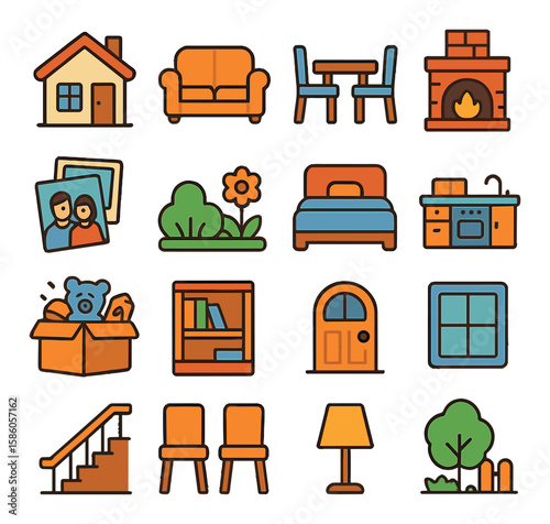 Family Home Elements modern flat style. house, sofa, dining table, fireplace, family photos, garden, bedroom, kitchen, toys box, bookshelf, front door, window, stairs