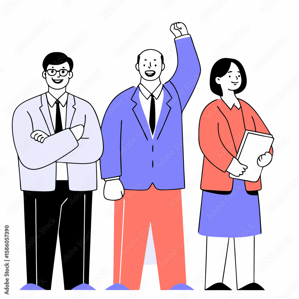 Fototapeta premium Illustration of diverse business team members in professional attire showing teamwork and leadership success