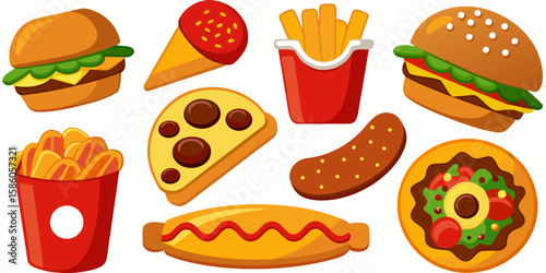 Cartoon vector set of fast food icons including hamburger, pizza, hotdog, fries, and sandwich illustrations