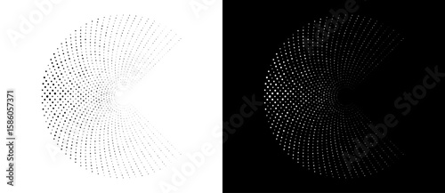 Modern abstract background. Halftone dots in circle form. Round logo. Vector dotted frame. Design element or icon, logo. Black shape on a white background and the same white shape on the black side.