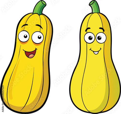 Two cute cartoon yellow butternut squash characters with happy faces isolated on white background