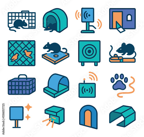 Animal Control Traps modern flat style. humane cage, baited tunnel, sonic repeller, one-way door, bird netting, glue board, ultrasonic box, rat snap trap, small mammal