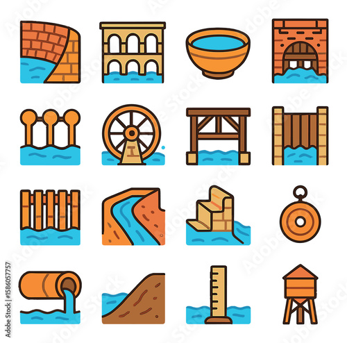 Historic Water Barriers modern flat style. ancient stone dam, Roman aqueduct, clay reservoir, medieval floodgate, Persian qanat, old sluice wheel, wooden bridge gate