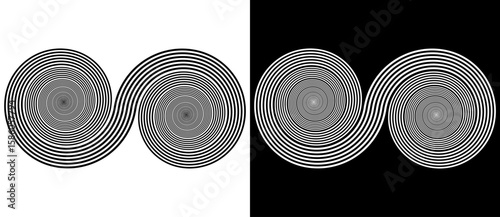 Spiral with lines as abstract infinity symbol. Black shape on a white background and the same white shape on the black side.