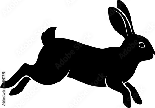 A silhouetted black rabbit leaping forward in a dynamic pose against a white background