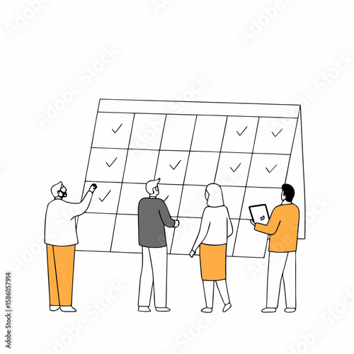 Illustration of business team planning schedule on calendar for project management meeting planning tasks