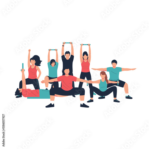 Group of diverse people performing various fitness exercises using resistance bands and dumbbells.