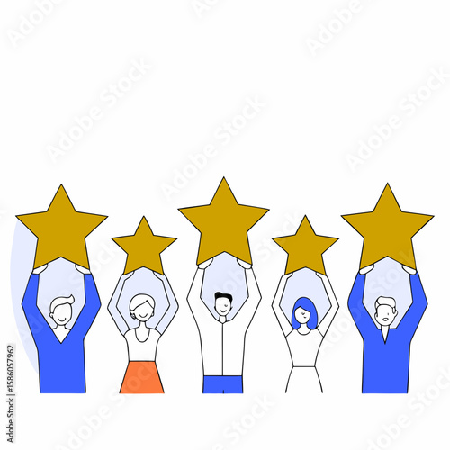 Customer satisfaction rating people holding stars feedback review experience performance evaluation achievement award 100