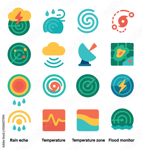 Weather Radar modern flat style. storm tracking, rainfall radar, wind swirl, hurricane path, precipitation blip, cloud signal, Doppler radar, weather grid, intensity