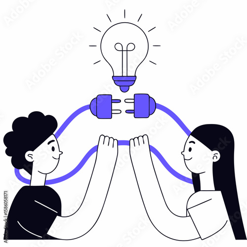 Illustration of team collaboration for creative idea generation and innovative thinking with lightbulb concept