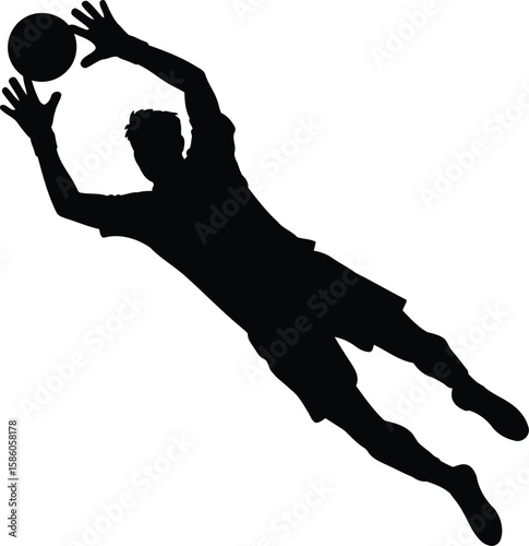 Soccer Goalkeeper Diving to Catch Ball Silhouette Vector, Transparent Background.