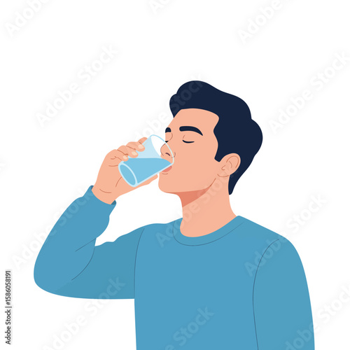 Man drinking water from a glass, eyes closed, wearing a blue sweater.