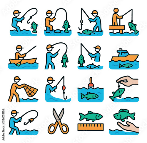 Fishing Techniques modern flat style. fly fishing, ice fishing, deep sea fishing, pier fishing, kayak fishing, casting, reeling, trolling, net casting, jigging, float