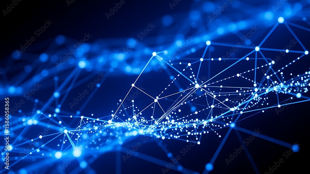 Fototapeta premium Futuristic network of glowing blue particles forming abstract data visualization on dark background.