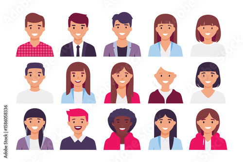 Diverse Smiling Faces: A collection of diverse avatars showcasing a variety of hairstyles, clothing, and ethnicities. Each face expresses a cheerful and welcoming smile.