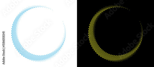 Modern abstract background. Halftone dots in circle form. Letter C like logo, icon or design element. Blue dots on a white background and yellow dots on the black side.