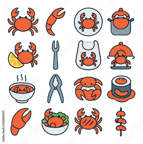Seafood and Cooking modern flat style. cooked crab, crab leg, crab on plate, crab in pot, crab with lemon, crab fork, crab bib, crab dish cover, crab soup bowl, crab