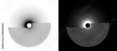 Lines in circle like art sun background. Tattoo template or icon, logo with lines. Black shape on a white background and the same white shape on the black side.
