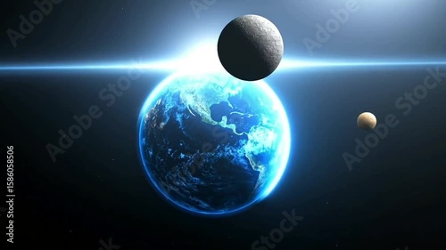 Earth and two moons in space with bright light backdrop  