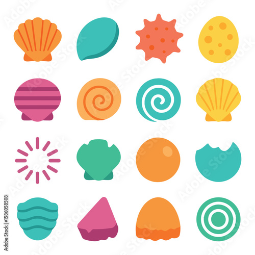 Shell Textures and Patterns modern flat style. ridged shell, smooth shell, spiked shell, dotted shell, striped shell, swirled shell, spiral pattern, fan pattern, radial
