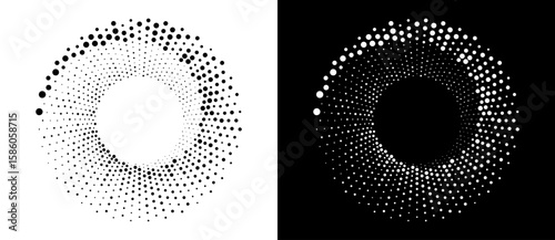 Modern abstract background. Halftone dots in circle form. Round logo. Vector dotted frame. Design element or icon, logo. Black shape on a white background and the same white shape on the black side.