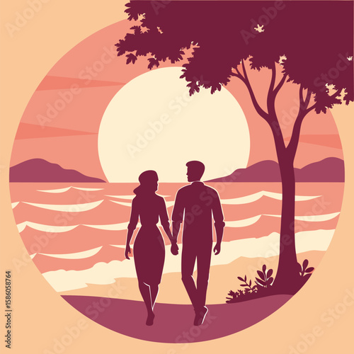 Silhouette Couple Walking Hand in Hand Sunset Beach Scene