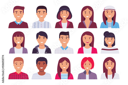Diverse Faces Illustration: A vibrant collection of stylized headshots featuring diverse individuals, showcasing unique hairstyles and expressions, perfect for representing the modern human landscape.
