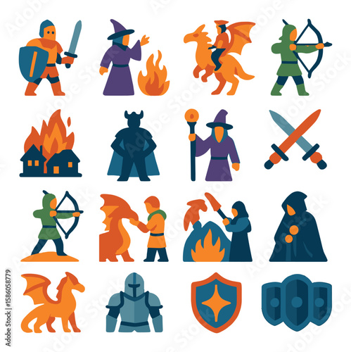 Dragon and Humans modern flat style. knight with shield, mage summoning, rider on dragon, archer aiming up, village burning, hero silhouette, wizard staff raised, sword